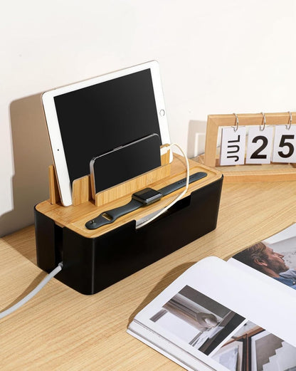 Cable Management Box with Wooden Lid, Multi-Device Organizer for Phones/Tablets/Smartwatches, Desktop Cord Organizer for Tidy Workspace (Black)