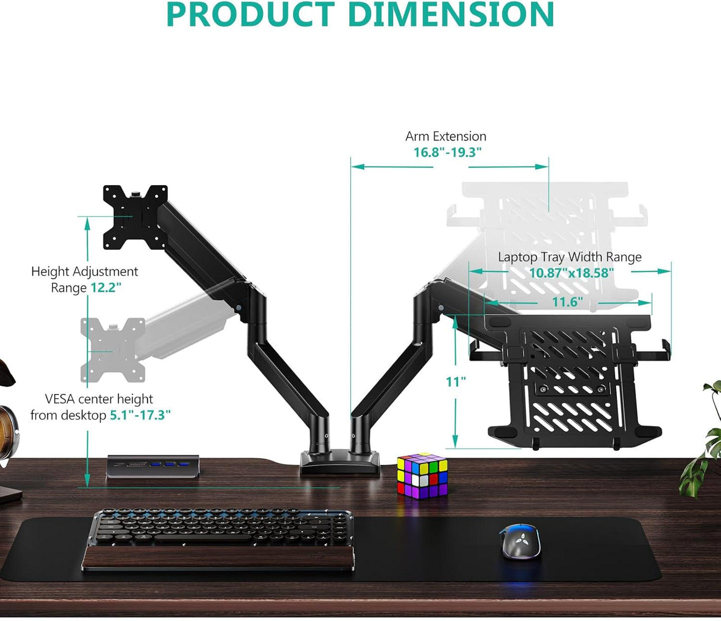 WALI Laptop Desk Mount, Single Monitor Arm with Laptop Holder, Adjustable Height Laptop Arm Mount for Desk, Fits 17” Notebook and 34” Monitors, Up to 22-26.4Lbs (GSMP001LPN), Black