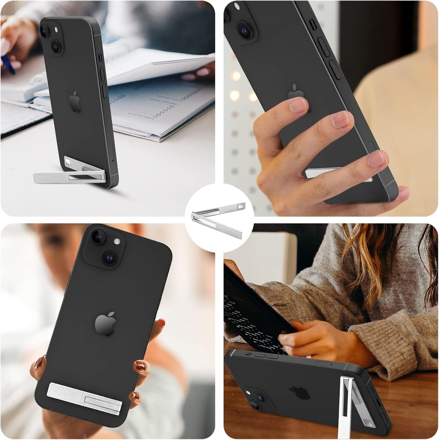 Mini Phone Kickstand, Folding Invisible Portable Metal Cell Phone Stand Holder for Desk, Compatible with iPhone, Samsung and All Cellphones, Black