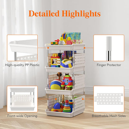 Lifewit Plastic Stackable Storage Baskets, 4 Tier Stacking Bins for Food and Clothes, Multifunctional Organizer for RV, Kitchen, Playroom, Pantry and Bathroom, 13.8"D x 11.8"W x 28.3"H, 1 Pack, White