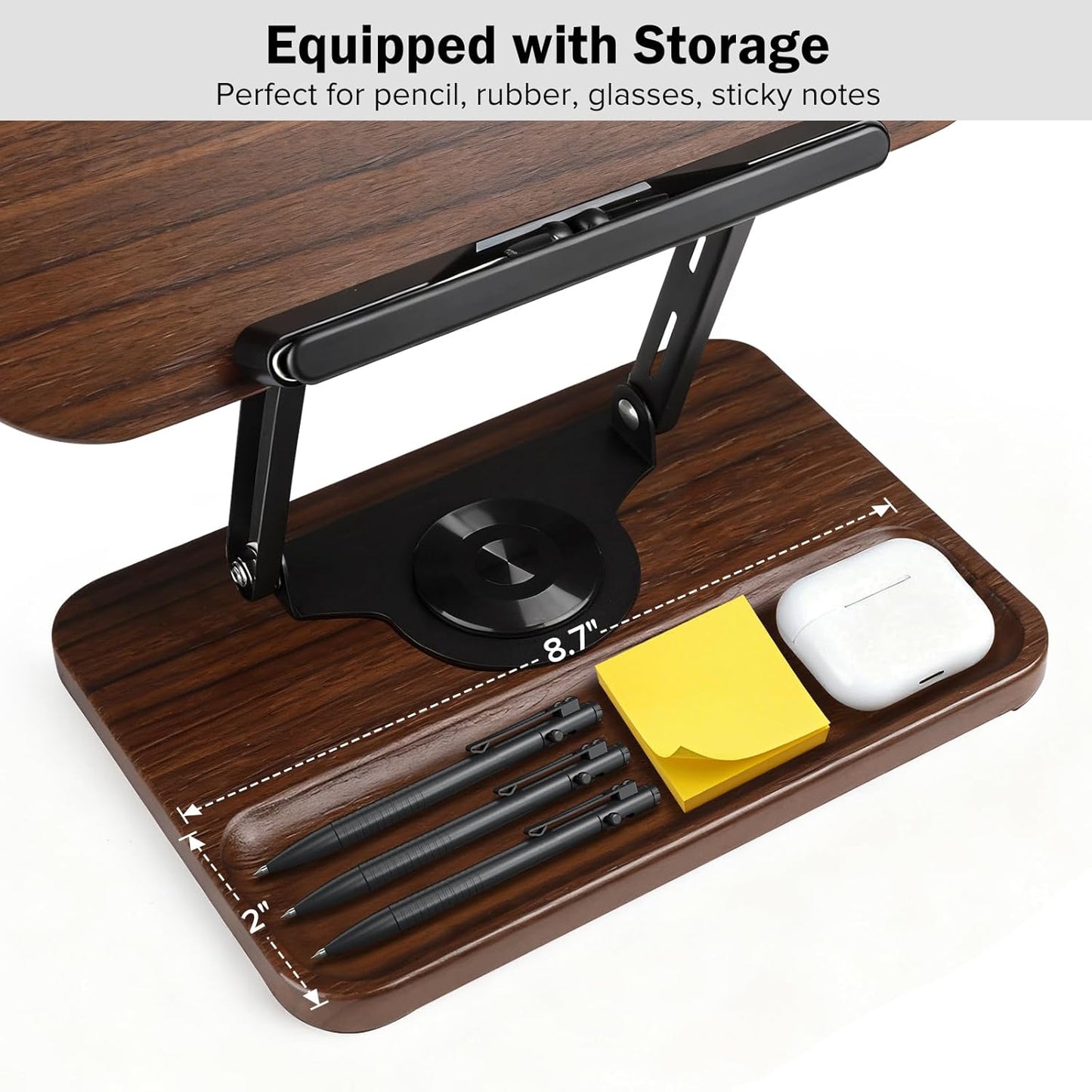 Book Stand with Light & Storage, Book Holders for Reading Hands Free, Wooden Cookbook Stand with Adjustable Height & 360 °Angle for Recipe,Magazine,Laptop,Tablet, Bible