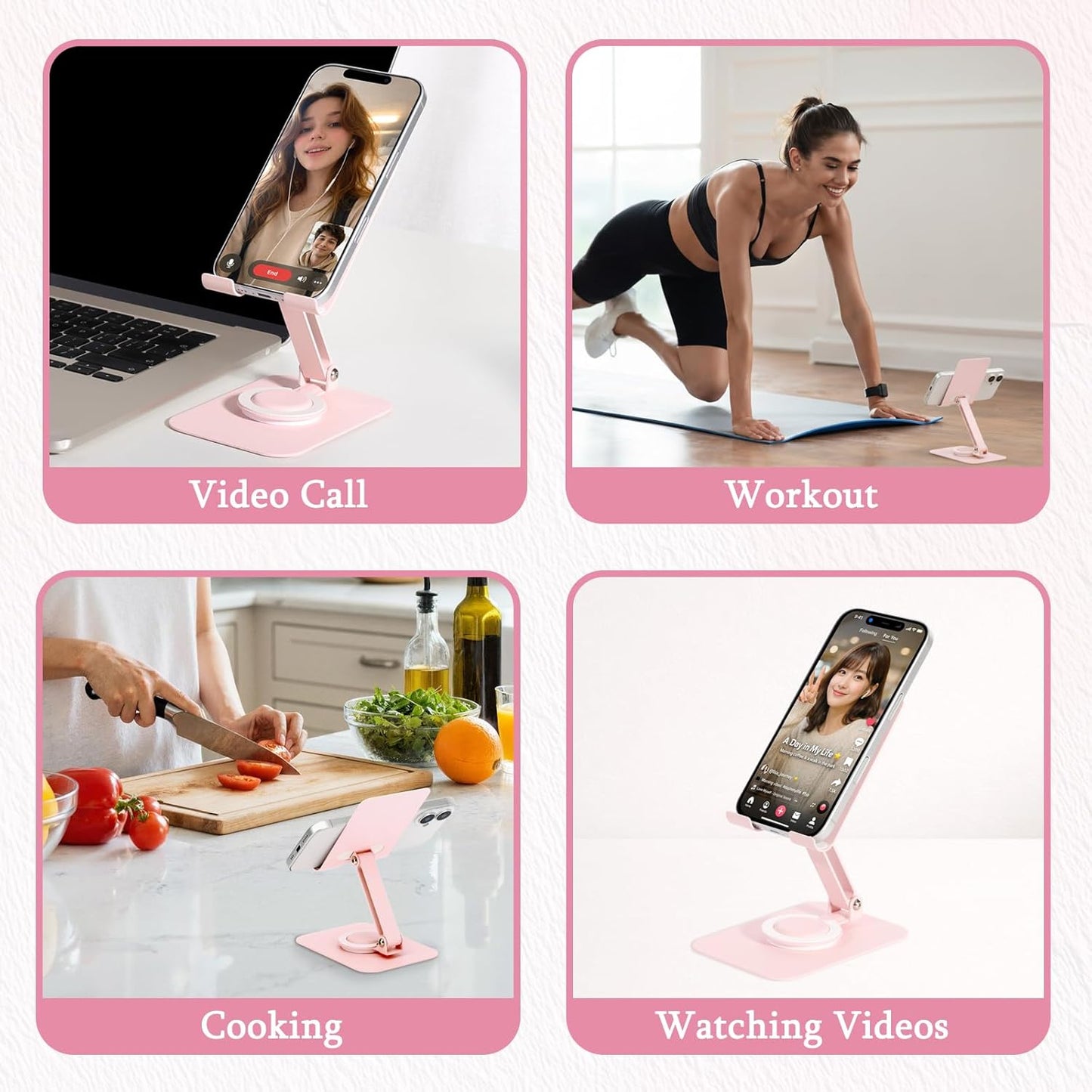 Adjustable Metal Phone Stand for Desk – Foldable 360° Rotating Phone Holder Compatible with iPhone 17/16/15/14 Pro Max/Air, Galaxy S25/S26 & Google Pixel 10a – Pink