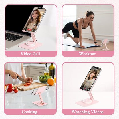 Adjustable Metal Phone Stand for Desk – Foldable 360° Rotating Phone Holder Compatible with iPhone 17/16/15/14 Pro Max/Air, Galaxy S25/S26 & Google Pixel 10a – Pink