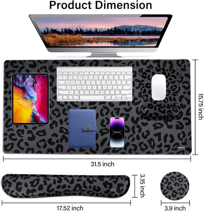MOSISO Wrist Rest Support for Mouse Pad&Keyboard Set, Ergonomic Large Leopard Grain Desk Mat&Coaster Set, Non-Slip Mousepad&Pain Relief&Easy Typing Cushion with Memory Foam for Home Office, Black