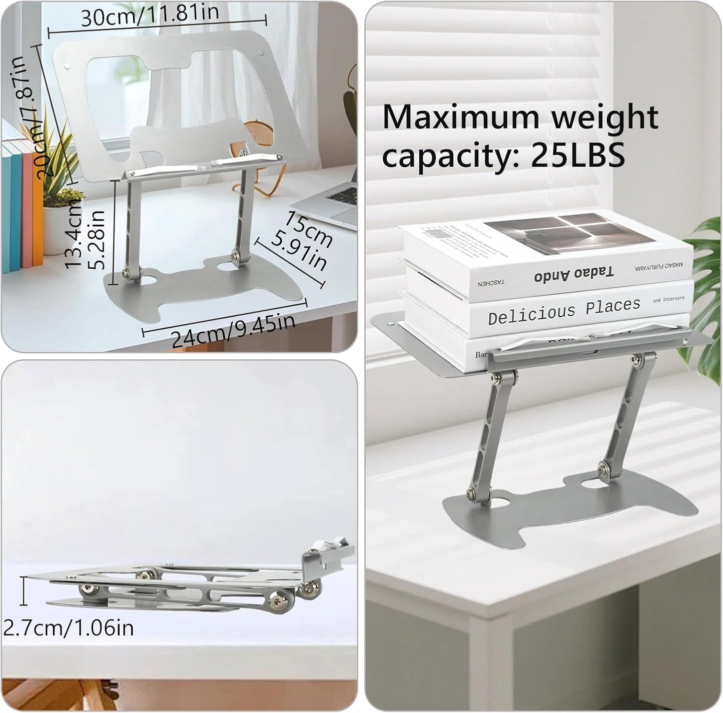 Book Stand for Reading, Adjustable Metal Laptop Stand for Desk Foldable Laptop Riser Holder Desktop Book Stand Multifunctional Display Stand for Recipe, Book, Tablet, Laptop, Notebook (Silver)