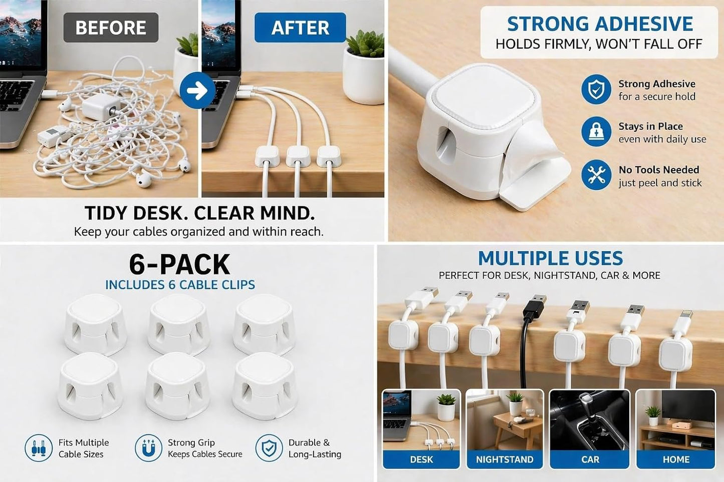 Magnetic Cable Clips (6-Pack), Strong Adhesive Cord Holder for Desk, Nightstand, Car & Cable Management, Black