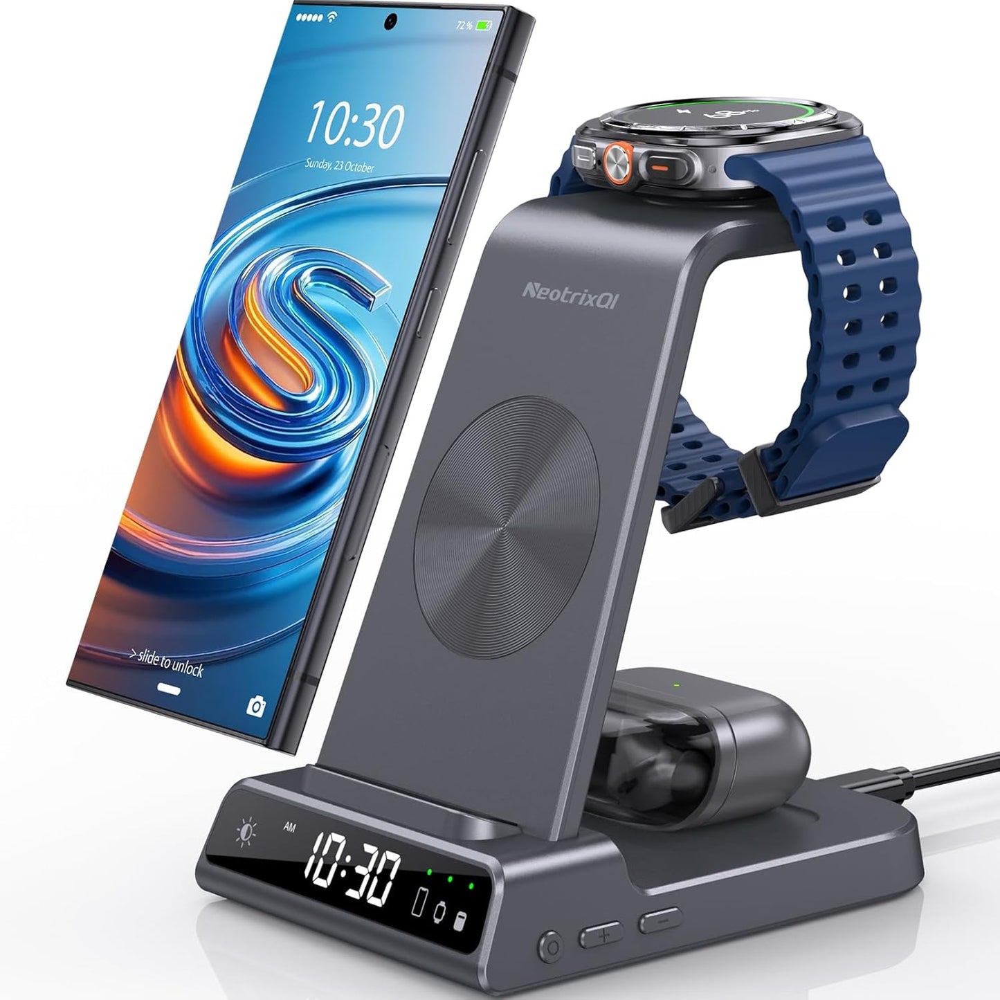 Wireless Charger for Samsung Charging Station: 3 in 1 Android Charging Stand with Dimmable Clock - Nightstand Organizer for Galaxy S25 Ultra, Galaxy Watch 8 7 6 5 4, Galaxy Buds, Space-Saving Charger