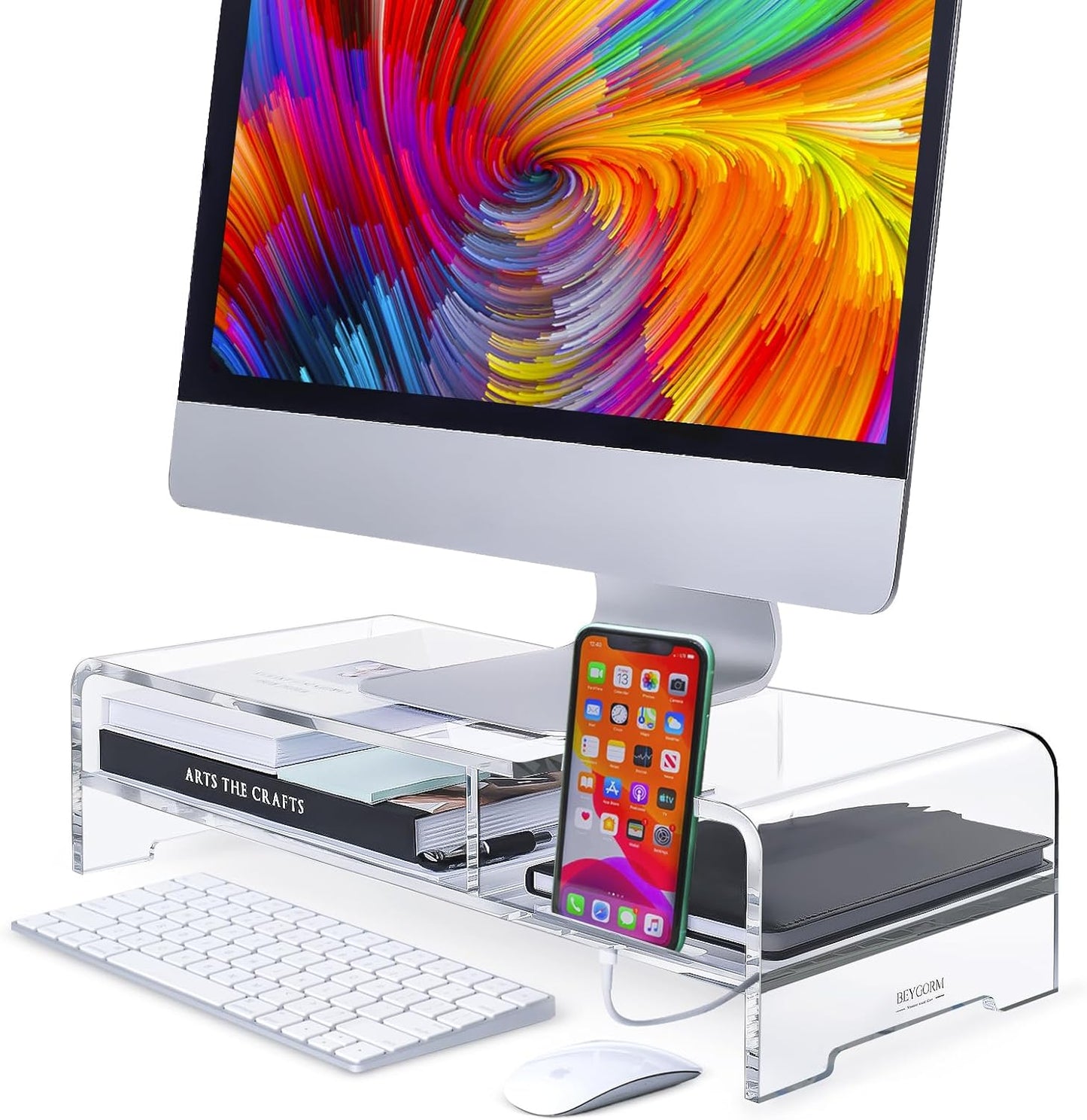 BEYGORM Acrylic Monitor Stand for Full Keyboard, 20" Wide 2-Tier Riser with Storage Shelf and Phone Holder, Desktop Organizer for Laptop, Printer, Screen (Clear)