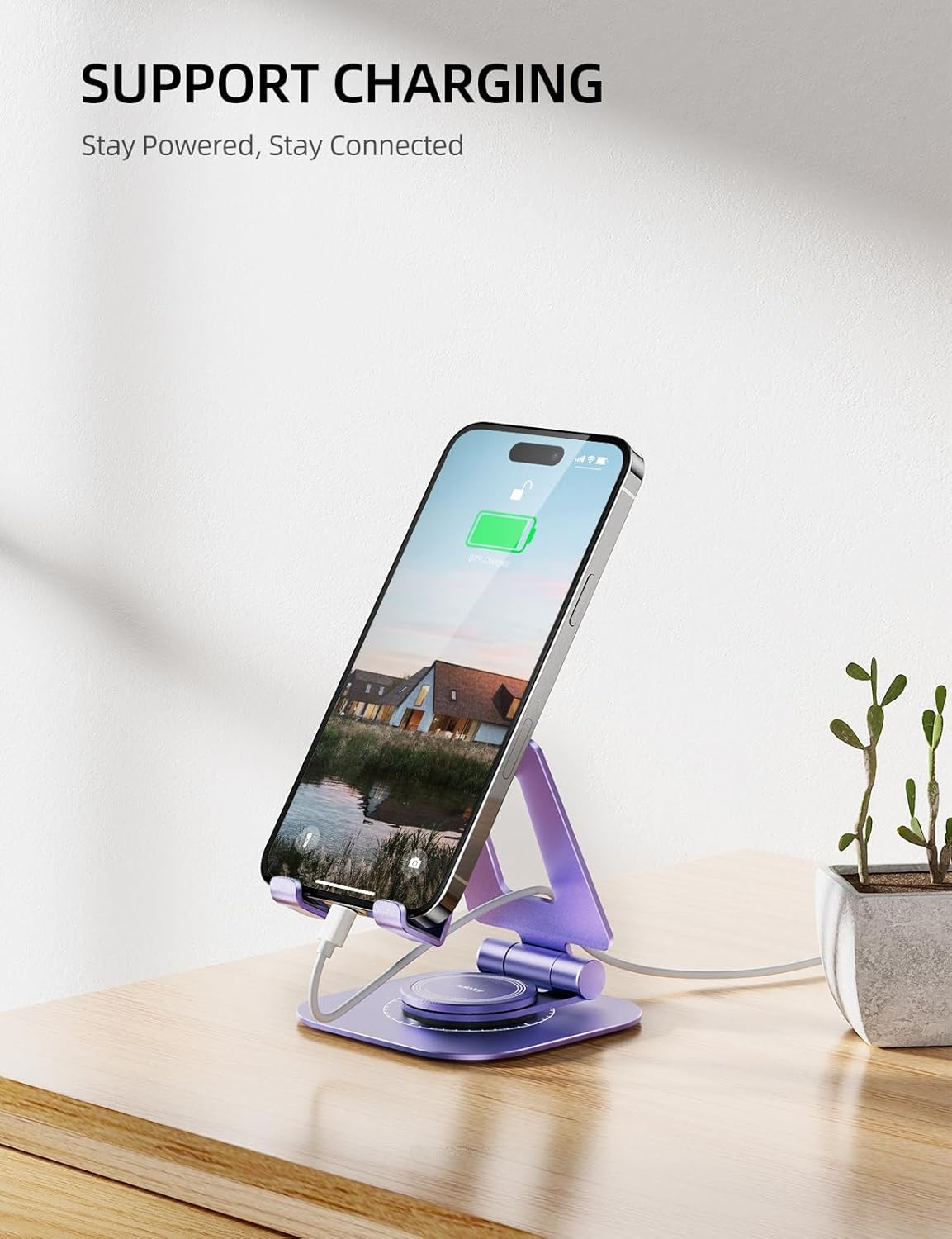 Nulaxy 360 Rotating Cell Phone Stand, Fully Adjustable Foldable Desktop Phone Holder Cradle Dock, Thick Case Friendly, Compatible with All Phones, Nintendo Switch, Black