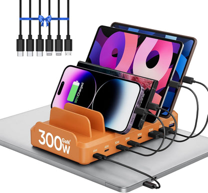 300W Charging Station for Multiple Devices, 8 Port Multi USB C Fast Charger Station Dock for MacBook iPhone 17/16/15/14/13/12 Samsung Pixel Series iPad, Black (6 Mixed Short Cables Included)