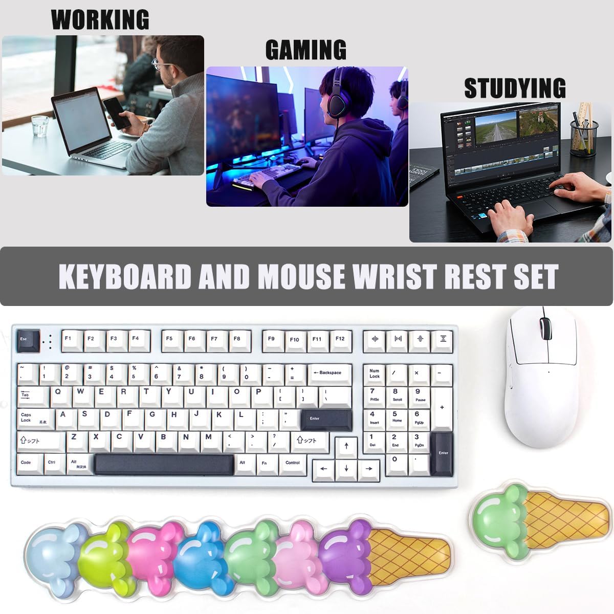 Gel Keyboard and Mouse Wrist Rest Set – Cute Wrist Rest for Computer Keyboard 60%/68%/75%, Comfort & Support for Typing and Gaming（Ice Cream