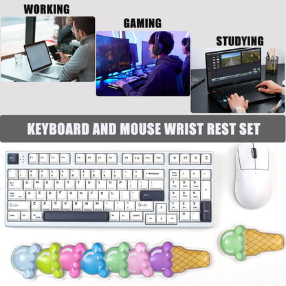 Gel Keyboard and Mouse Wrist Rest Set – Cute Wrist Rest for Computer Keyboard 60%/68%/75%, Comfort & Support for Typing and Gaming（Ice Cream