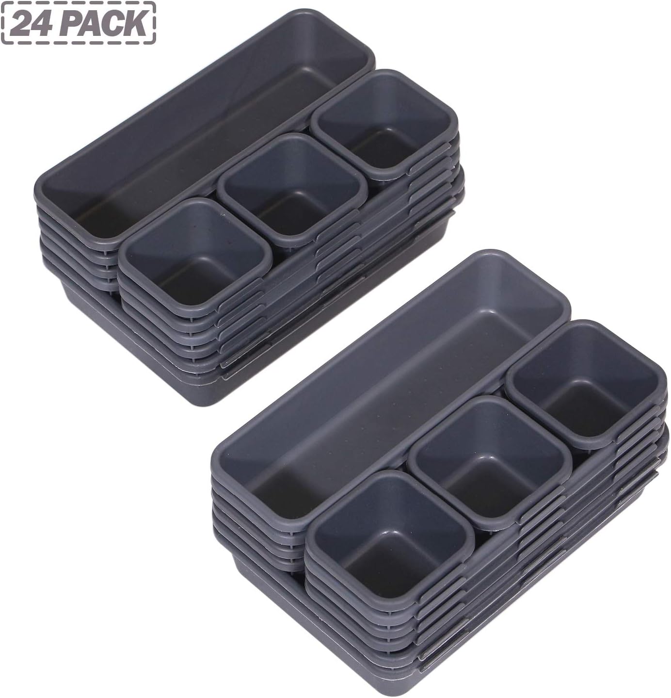 Set of 24 Interlocking Desk Drawer Organizer Tray Dividers Plastic Shallow Narrow Drawers Organizers Separators Storage Bins Container for Kitchen Bathroom Makeup Office Vanity Bedroom Dresser