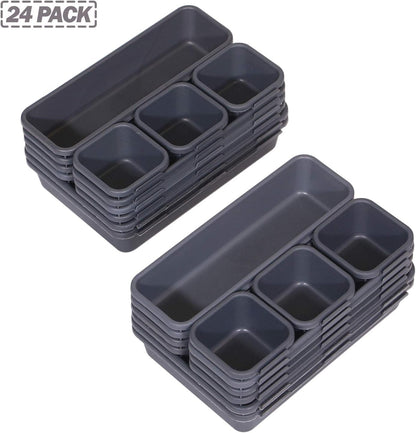 Set of 24 Interlocking Desk Drawer Organizer Tray Dividers Plastic Shallow Narrow Drawers Organizers Separators Storage Bins Container for Kitchen Bathroom Makeup Office Vanity Bedroom Dresser