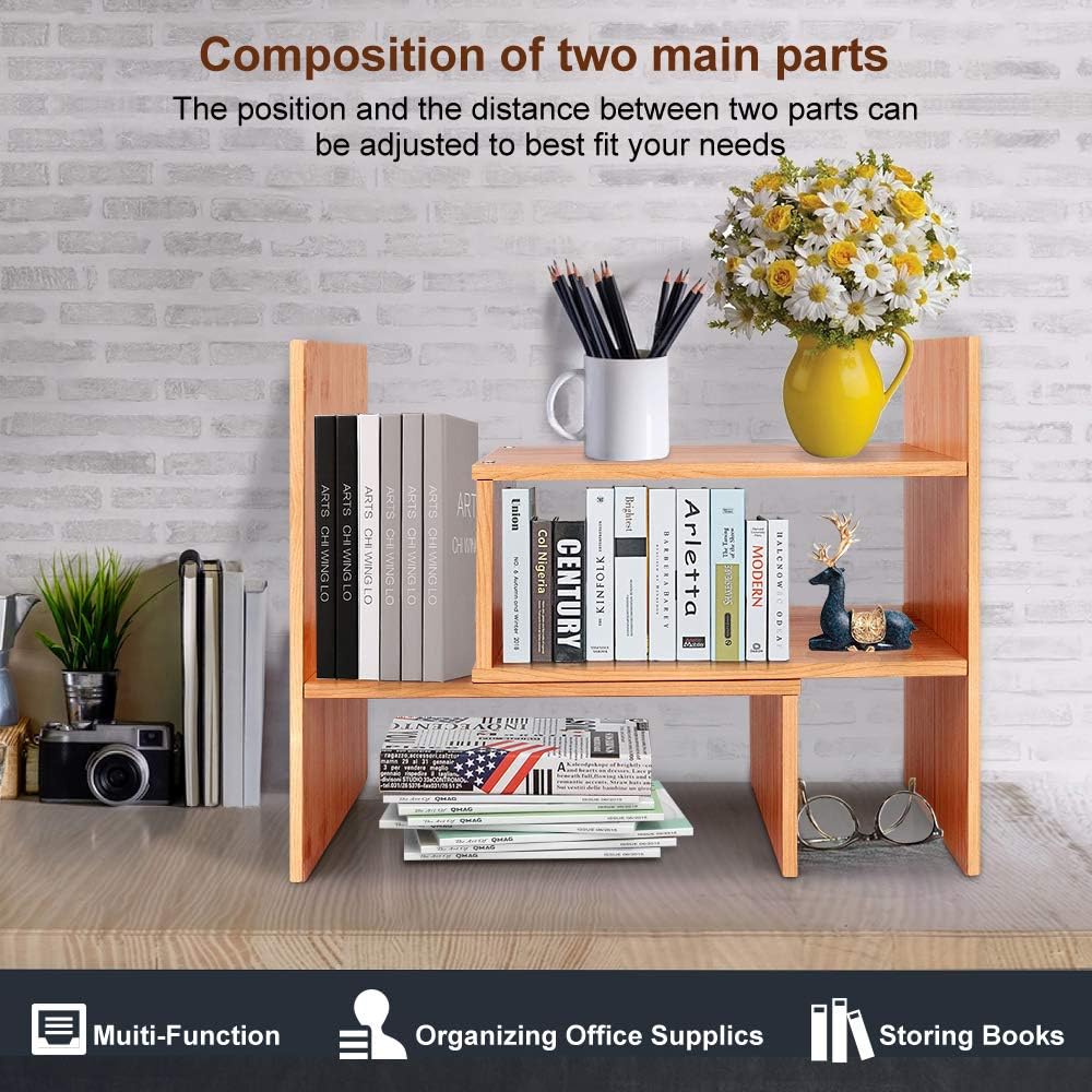 Sorfity Adjustable Desktop Bookshelf, Desk Organizer Display Shelf Counter Top Bookcase Free Style Display Shelf Rack Office Supplies Storage Shelf Book Multipurpose Bookshelf for Office Kitchen