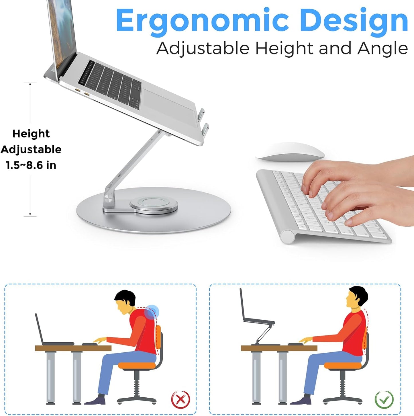 Swivel Laptop Stand for Desk, Adjustable Height Aluminum Computer Stand with 360 Rotating Base, Foldable Ergonomic Riser, Portable Laptop Holder Compatible with MacBook, All Laptops 10-17'', Grey
