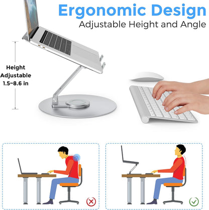 Swivel Laptop Stand for Desk, Adjustable Height Aluminum Computer Stand with 360 Rotating Base, Foldable Ergonomic Riser, Portable Laptop Holder Compatible with MacBook, All Laptops 10-17'', Grey