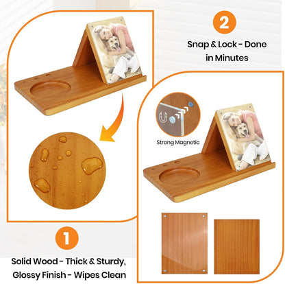Wood Desktop Book Stand for Reading Rest Birthday and Mothers Day Gifts, Book Page Holder Thumb Bookmark,Magnet Couple Photo or Note, Book Accessories, Triangle Book Nook with Cup for Book Lovers