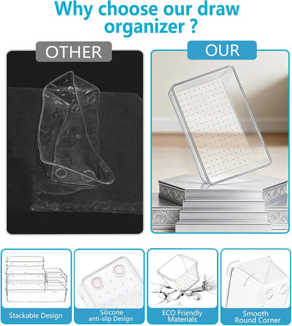 Clear Drawer Organizers Set of 13, 5-Size Vanity Organizer Trays, Stackable Bathroom & Desk Drawer Organizer for Makeup, Jewelry, Kitchen Utensils, Office Supplies and Small Gadgets Storage