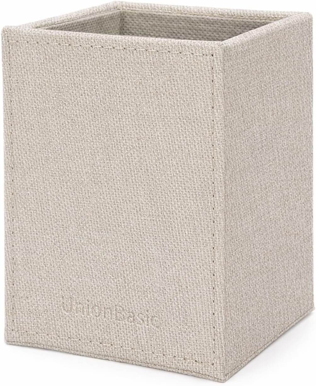 UnionBasic Square Pen Holder, Leather Pencil Cup, Desktop Caddy Stationery Organizer, Beige