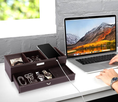 Baoyun Valet Tray for Men, 2 Layers Nightstand Organizers for Men and Women, Leather Jewelry Storage Box, Mens Dresser Top Organizer, Catch All for Jewelry Key Wallet and Phone (Brown)