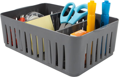 Simplify 4 Compartment Stackable Bin with Adjustable Dividers | Drawer Organizer | Storage Basket | Good for Office | Desk Supplies | Dorm |Bathroom | Accessories | Make Up | Grey