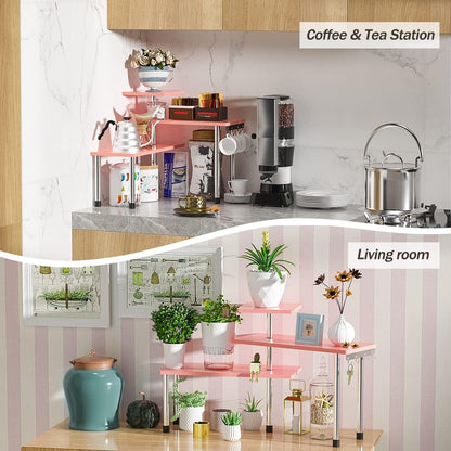 ZHWS Kitchen Countertop Organizer Spice Rack for Salt, Bathroom Counter Organizer Over Sink for Makeup, Skincare, Adjustable 3-Tier Corner Counter Shelf with 4 Hooks for Coffee Bar Dresser Table