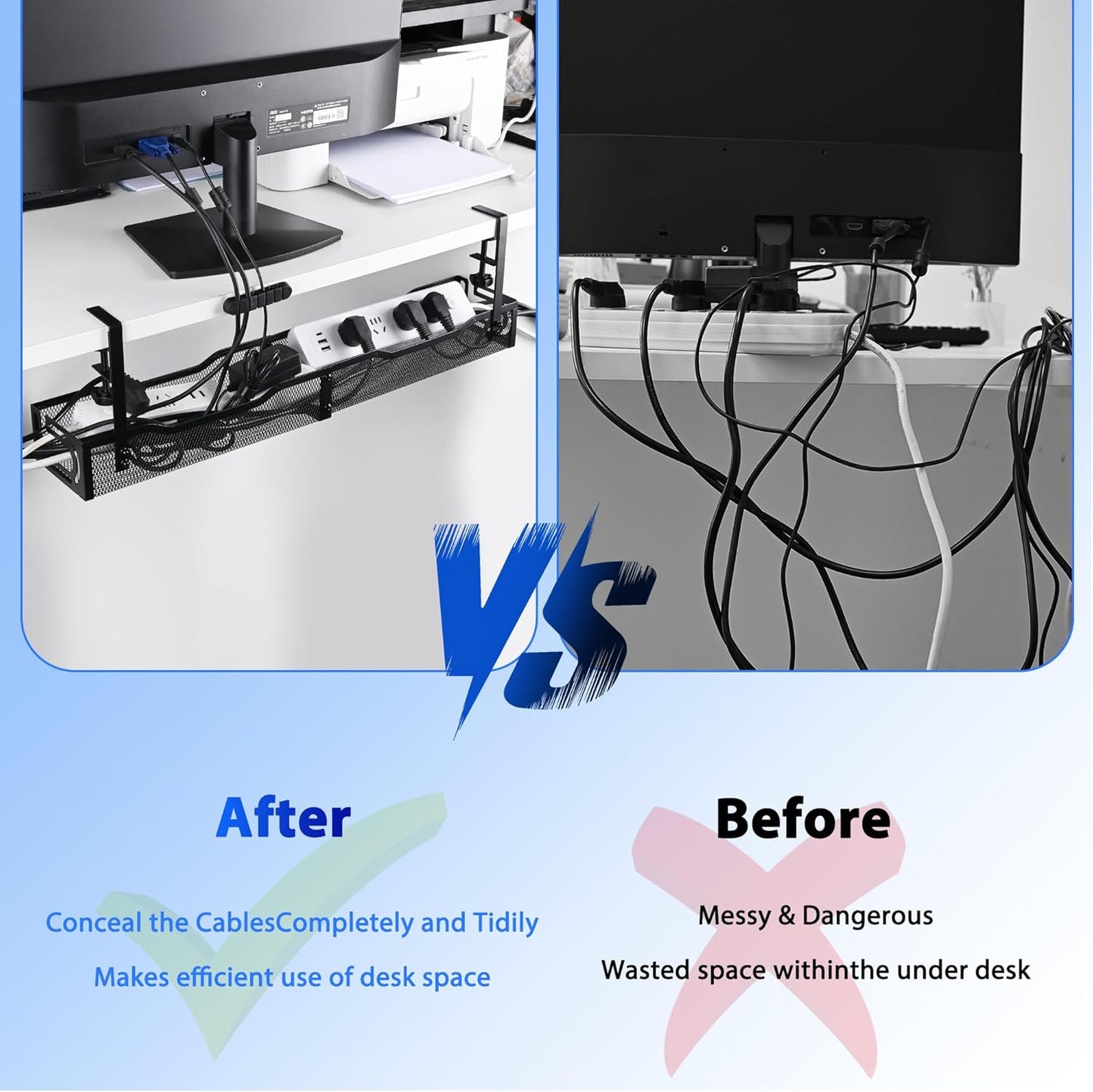 Under Desk Cable Management Box 25.3 Inch – Clamp-Mounted Cable Organizer Tray, Large Cord Management Box for Office & Home, Wire Organizer Under Desk Storage, White