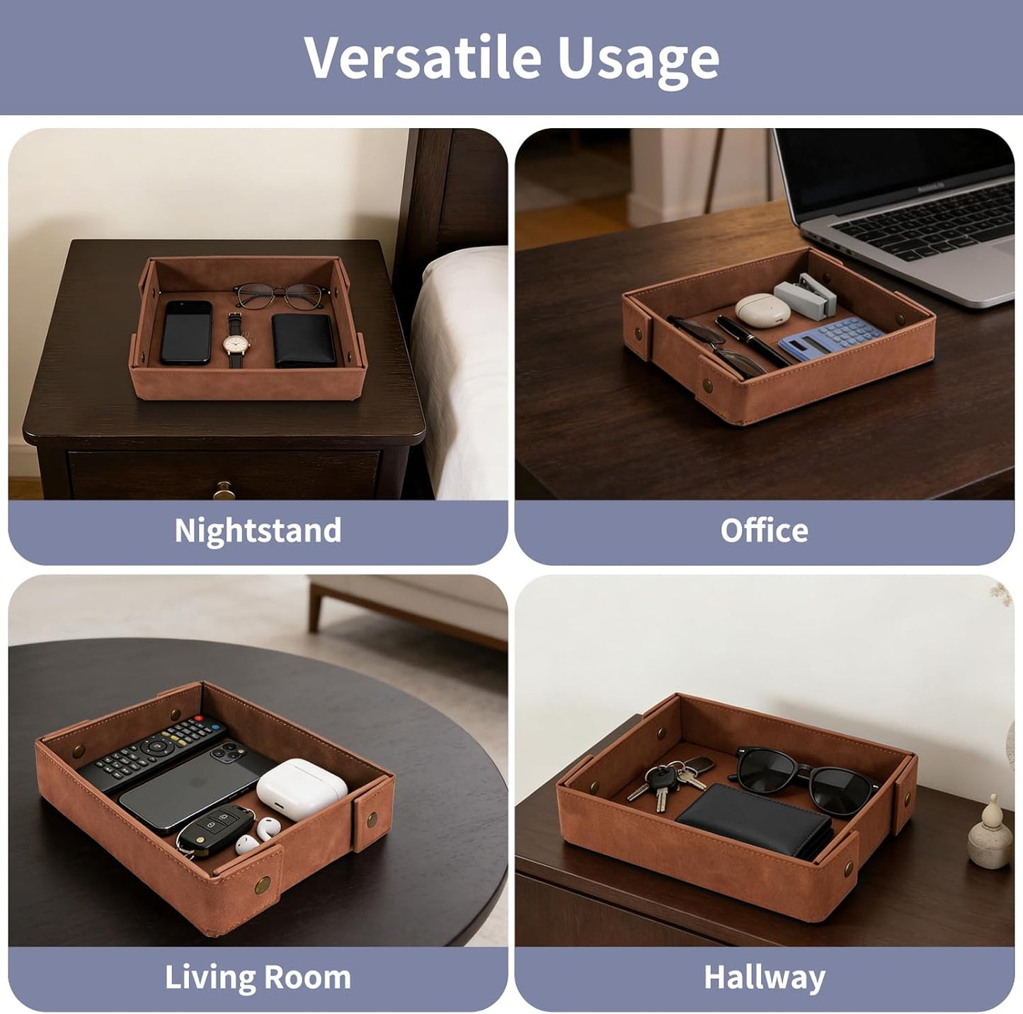 SITHON Valet Tray for Men, Premium PU Leather Catchall Tray Nightstand Organizer for Keys, Wallet, Watch, Phone, Great Christmas Birthday Graduation Father’s Day Gift for Him (Black)