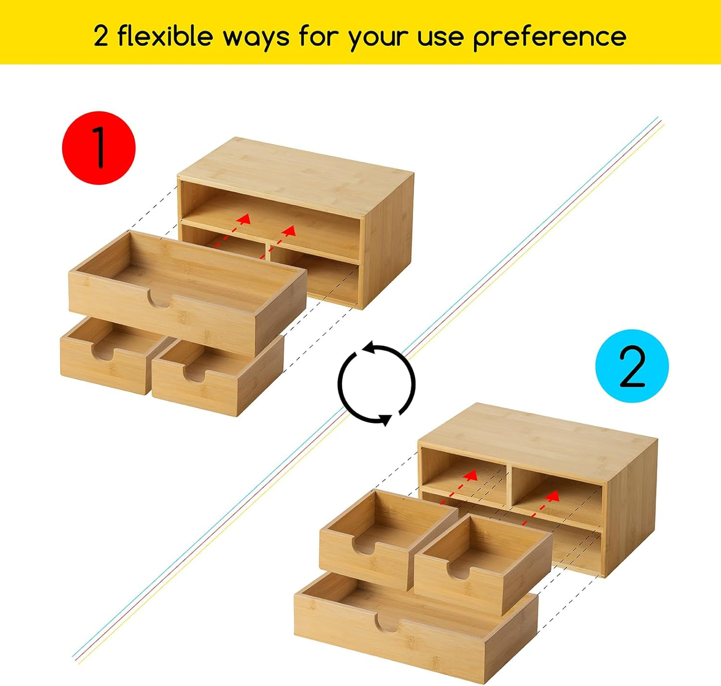 MEEDEN Bamboo Desk Organizer with Drawers: Desktop Storage Container with Shelf - Tabletop Storage Organization Box for Office Home Toiletries Supplies
