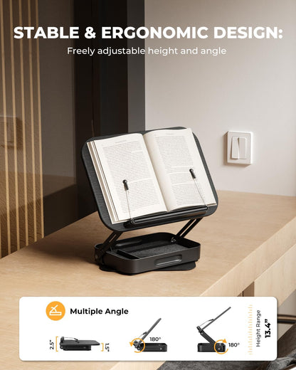 Adjustable Book Stand with Storage Drawer, 360° Rotating Book Holder, Height & Angle Adjustable, Extra-Wide Page Clips for Thick Books, Wood & Aluminum Book Stand for Desk, Study, Kitchen