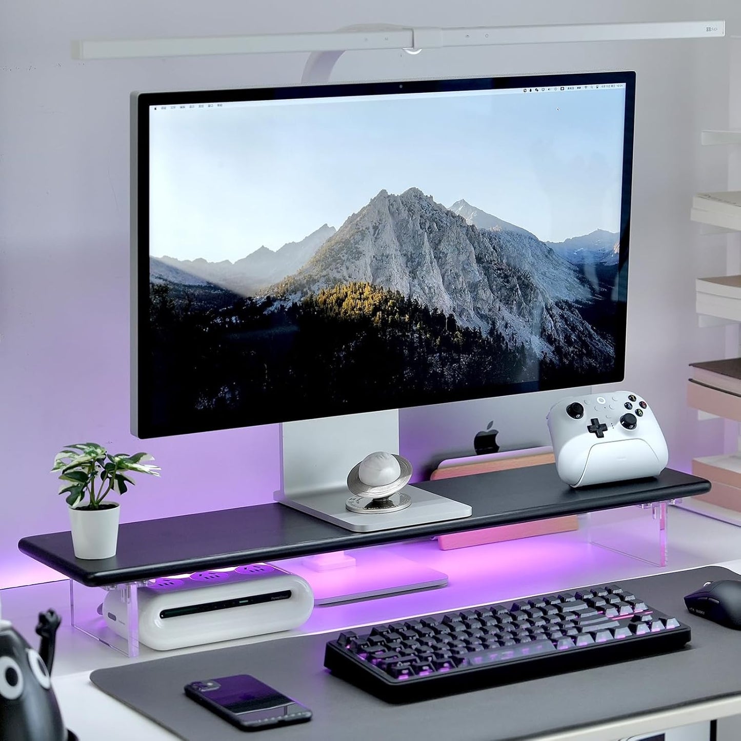 Bamboo Monitor Stand Riser with Acrylic Legs for Desk, 31.5 Inches Desktop Shelf Supports for PC Computer Monitor, Laptops, Printer, Speakers (White)