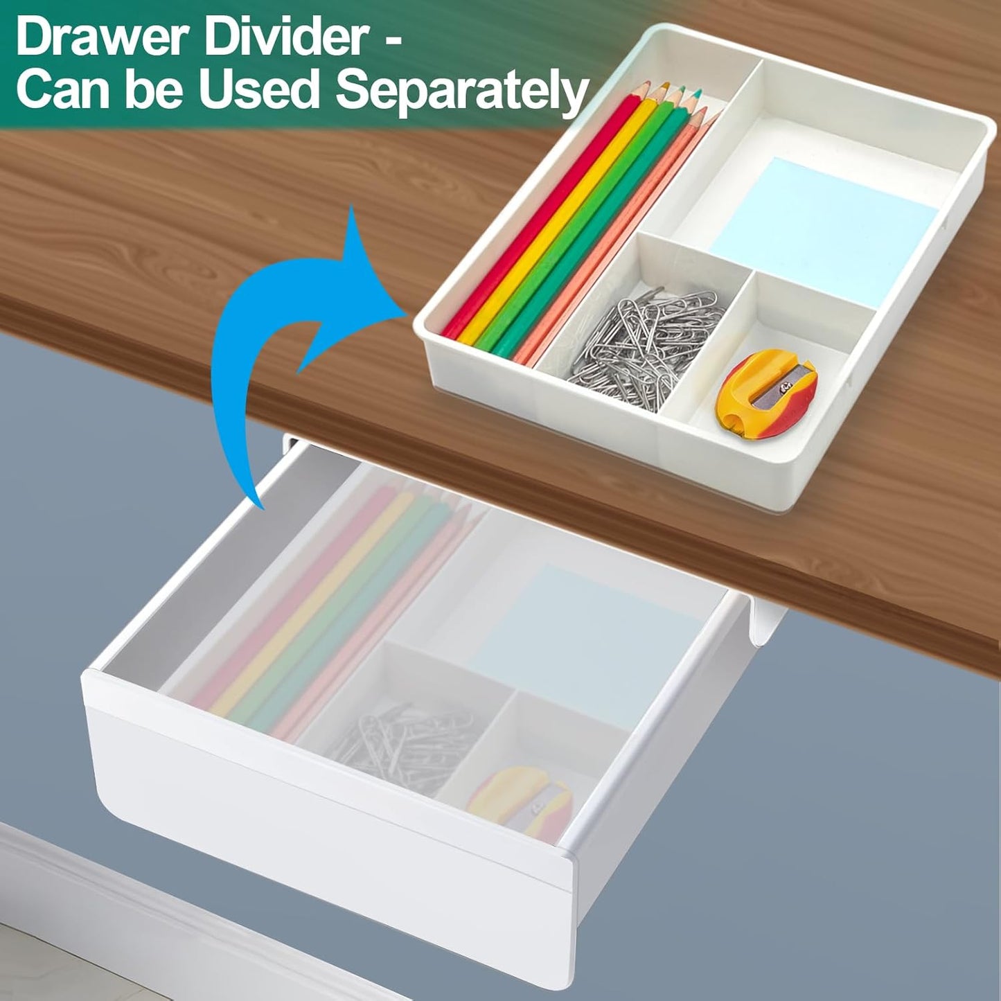SVNNELP Under Desk Table Drawer Storage Organizer, Slide Out Drawer with 4 Compartments Divider,Pencil Storage Self-Adhesive Tray Under Table (M/Clear Black+White)