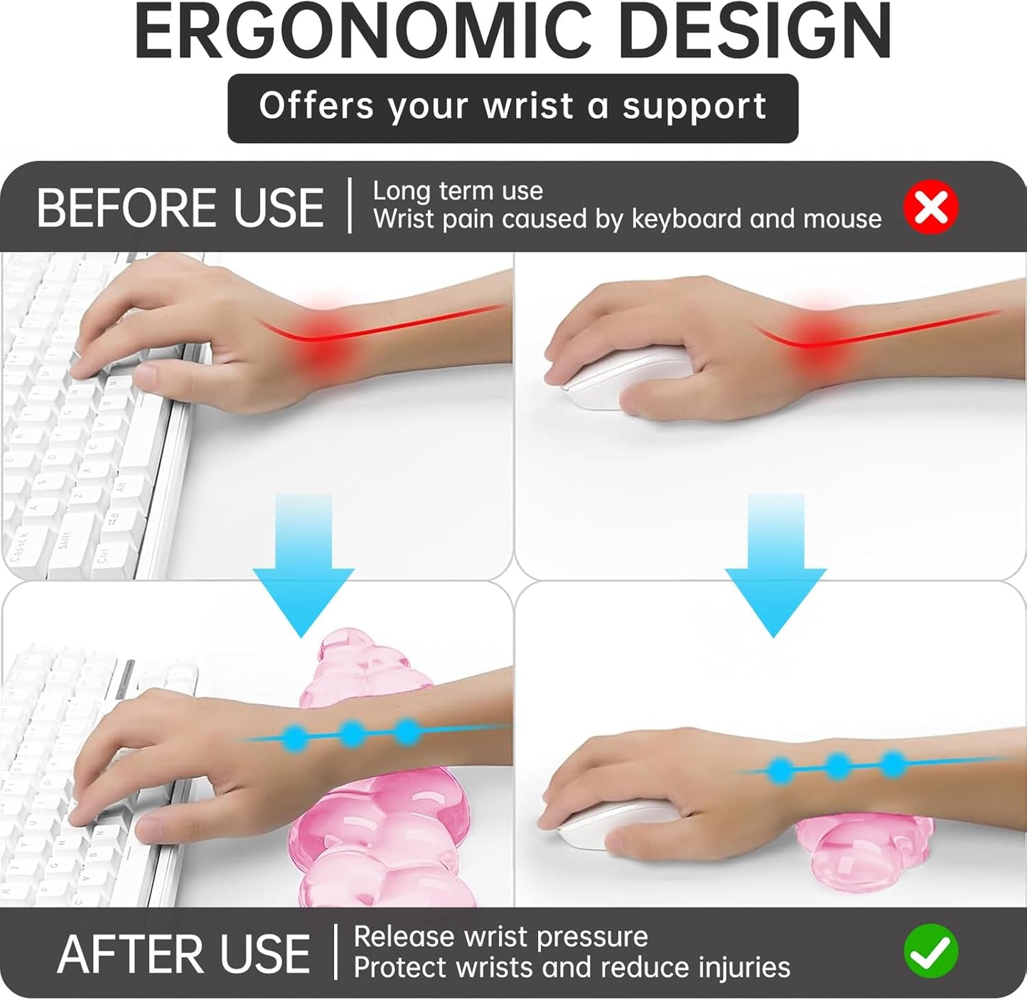 Mouse Pad with Wrist Rest, Soft Cloud Gel Keyboard Mouse Pad Set with Hand Wrist Support, Cute Non Slip Office Desk Accessories for Comfort/Pain Relief/PC Gaming/Computer/Laptop, (Clear Cloud)