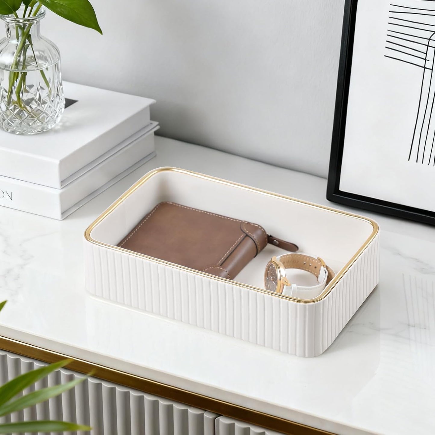 Desk Organizer Tray, PU Leather Nightstand Organizer Perfume Valet Tray for Men Women, Decorative Vanity Trays Trinket Dish Key Bowl for Entryway Table (2pcs, Ivory, Large+Small)