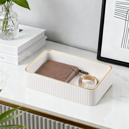 Desk Organizer Tray, PU Leather Nightstand Organizer Perfume Valet Tray for Men Women, Decorative Vanity Trays Trinket Dish Key Bowl for Entryway Table (2pcs, Ivory, Large+Small)