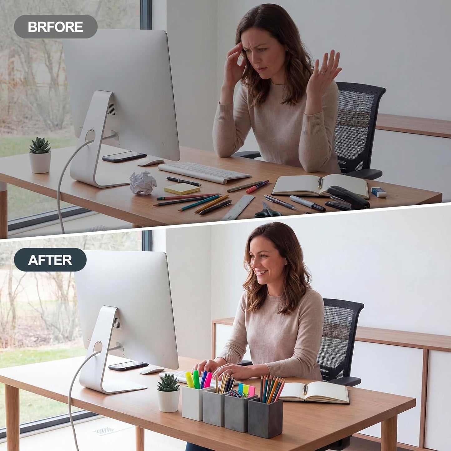 Henoyso 4 Pcs Concrete Pen Holder for Desk Modern Aesthetic Desktop Pencil Cup with Non-slip Dots Gray-tone Pencil Holder for Desk Organizer Office Supplies Stylish Office Decoration