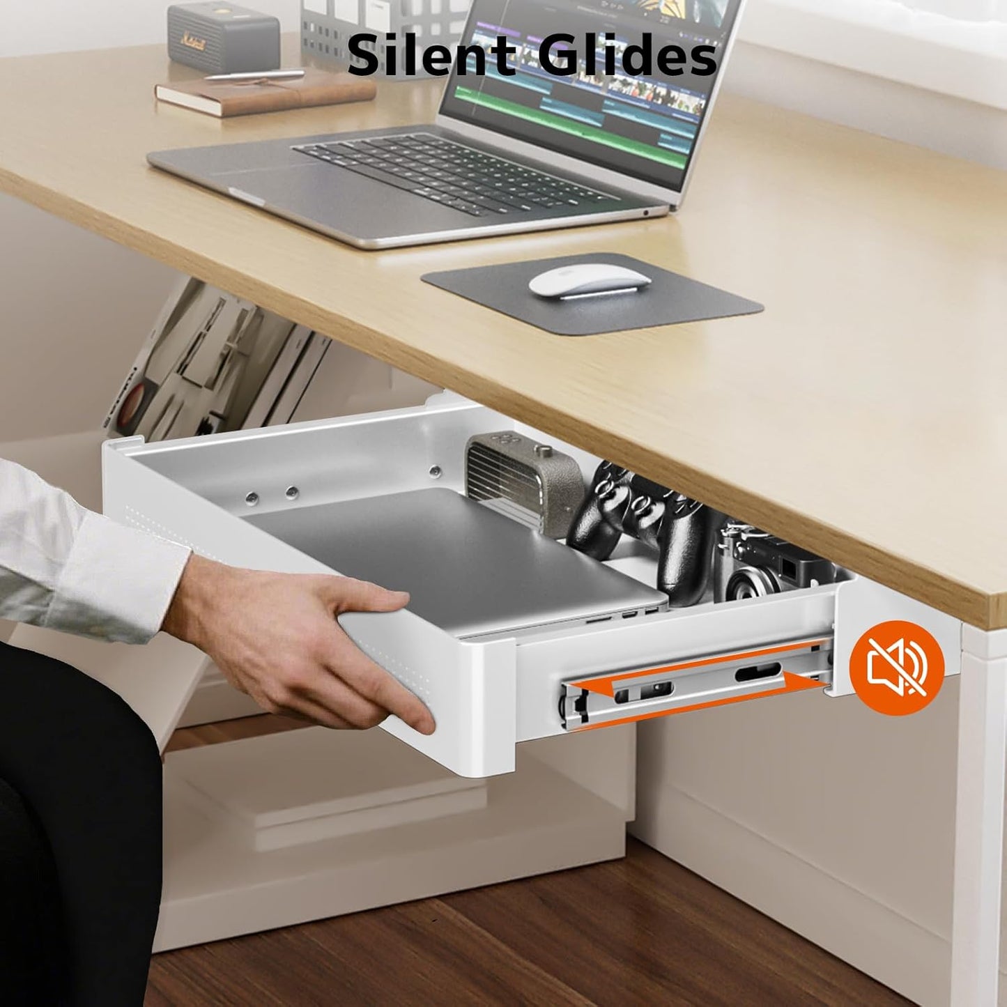 PUTORSEN Under Desk Storage Drawer 15.74" Wide - Smooth Slide Out Organizer for Standing Desk & Home Office,Max Load 17.6 lbs,Quiet Glide, White
