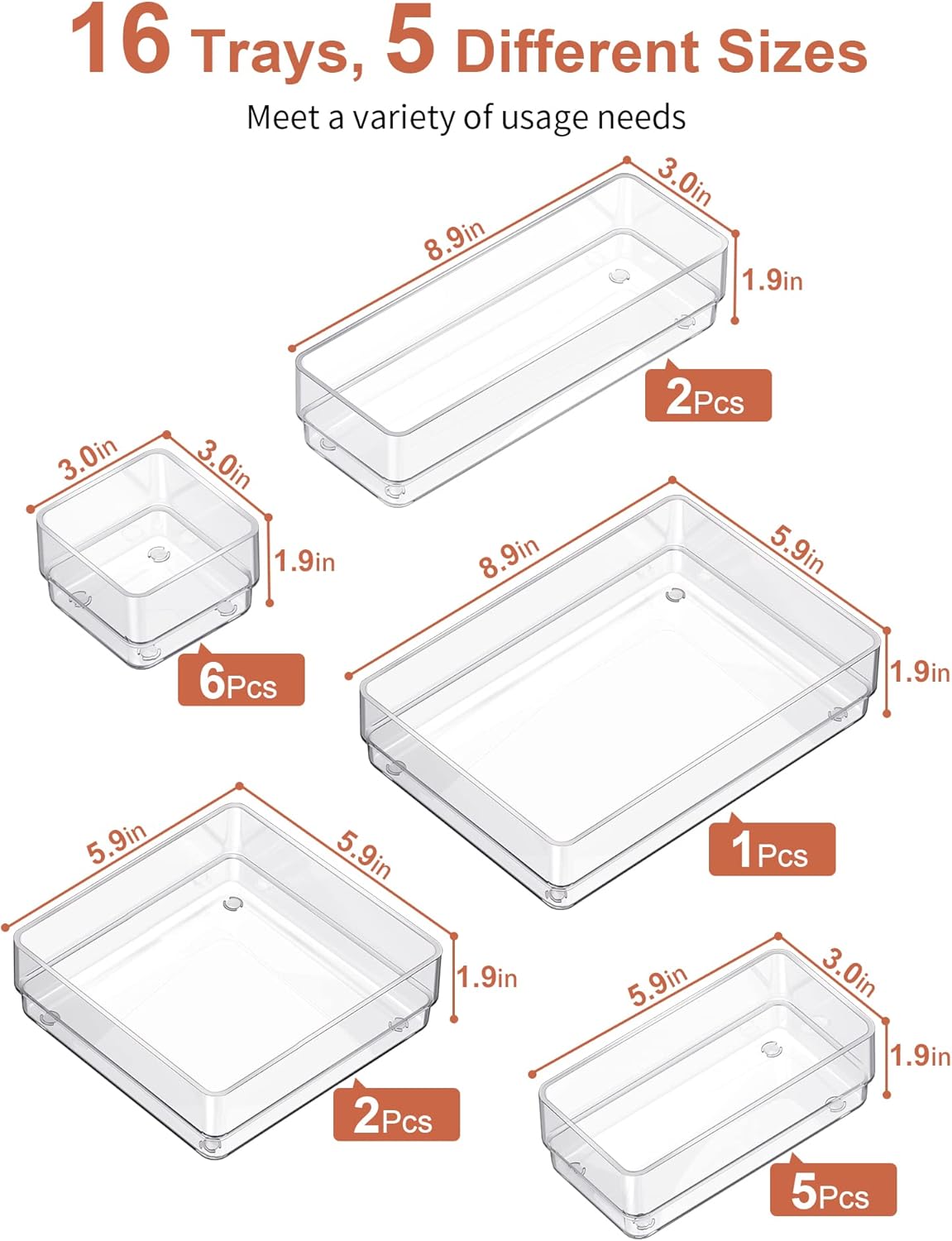 SMARTAKE 22-Piece Drawer Organizer with Non-Slip Silicone Pads, 4-Size Clear Desk Drawer Organizer Trays Storage Tray for Makeup, Jewelries, Utensils in Bedroom Dresser, Office and Kitchen, Clear
