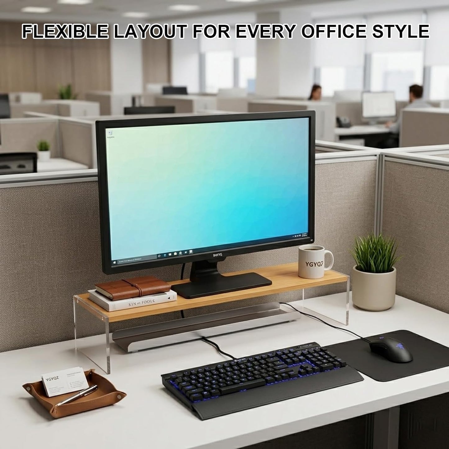 YGYQZ Adjustable Monitor Stand Riser with Acrylic Legs丨7.67" Wide Dual Monitor Stand for Desk丨2-Tier Wood Desktop Organizer for Computer, Laptop, Printer & PC丨Modern Aesthetic Desk Shelf(wood-flat)
