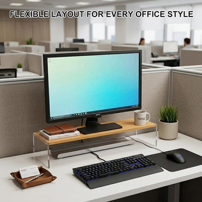 YGYQZ Adjustable Monitor Stand Riser with Acrylic Legs丨7.67" Wide Dual Monitor Stand for Desk丨2-Tier Wood Desktop Organizer for Computer, Laptop, Printer & PC丨Modern Aesthetic Desk Shelf(wood-flat)