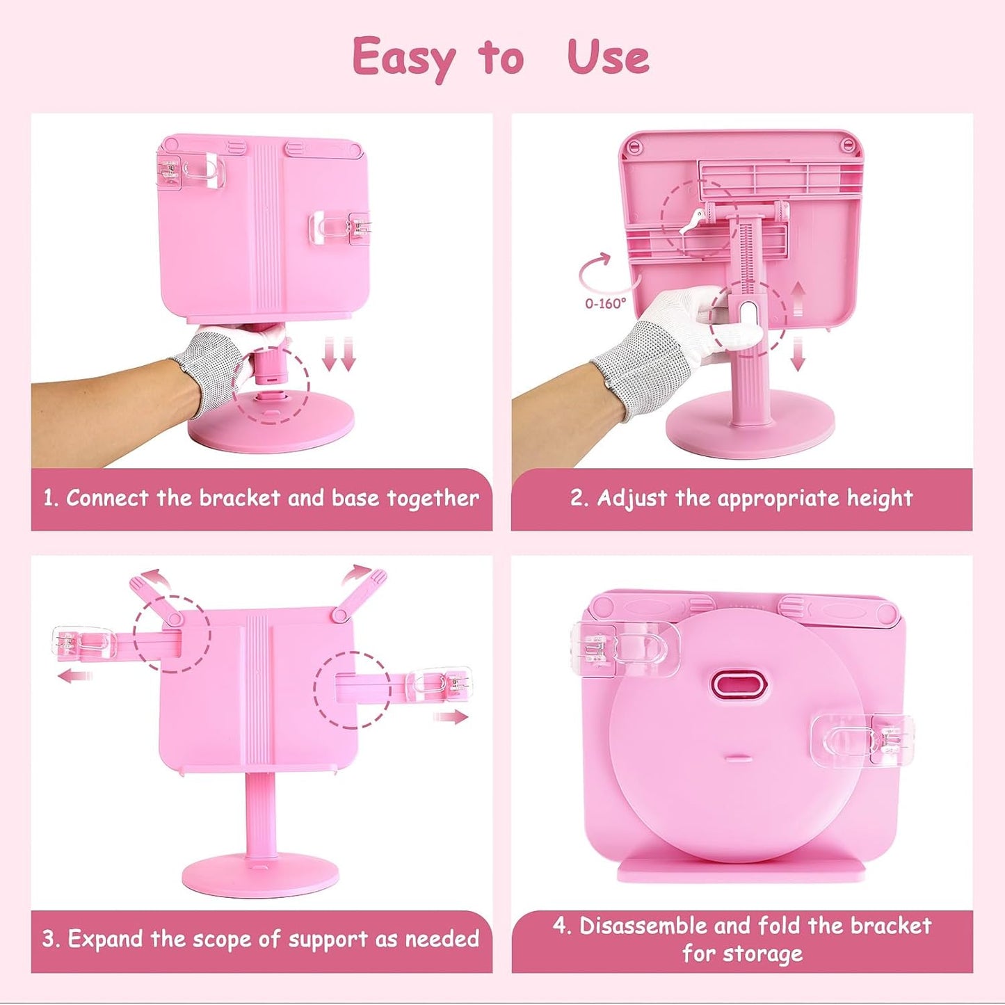 Kids Book Stand, Adjustable Reading Holder, Thick Base, Foldable Reading Stand with Elastic Page Clips, for 8.5"×11" or Smaller, Gift for Children's Day, Pink