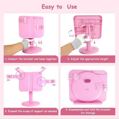 Kids Book Stand, Adjustable Reading Holder, Thick Base, Foldable Reading Stand with Elastic Page Clips, for 8.5"×11" or Smaller, Gift for Children's Day, Pink