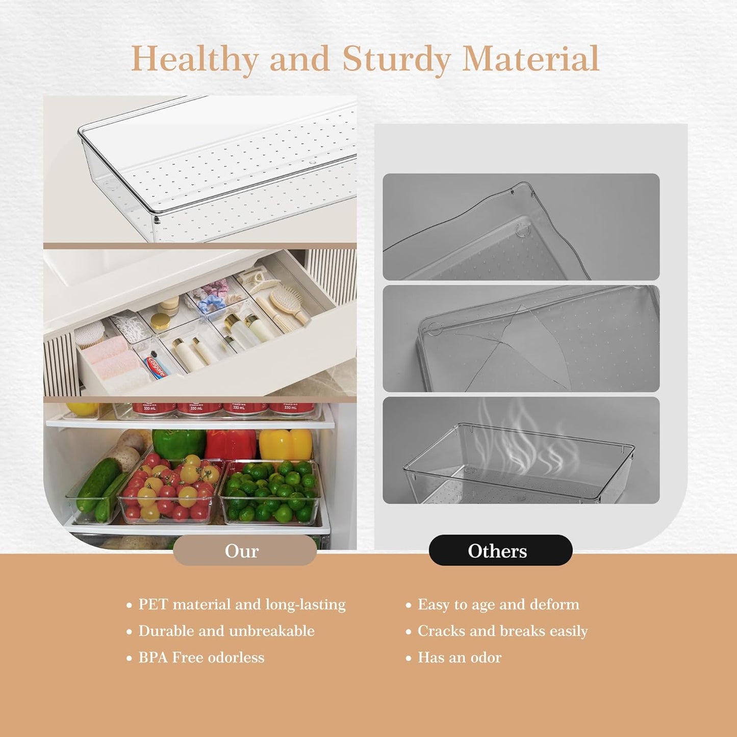 12 Pack Large Clear Plastic Drawer Organizer Set, Acrylic Bathroom Organizer Vanity Trays Dividers, Kitchen Organizers and Storage, Non-Slip Storage Bins for Makeup, Snacks, Office, Desk, Fridge