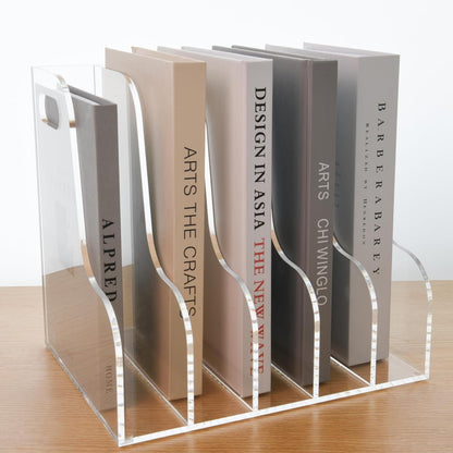 Acrylic Magazine File Holder, 4 Vertical Compartments Desk Document Sorter Organizer, Clear Folder Rack Binder for Office/Home/Classroom, for Documents, Tablet, Magazines, Books & Accessories