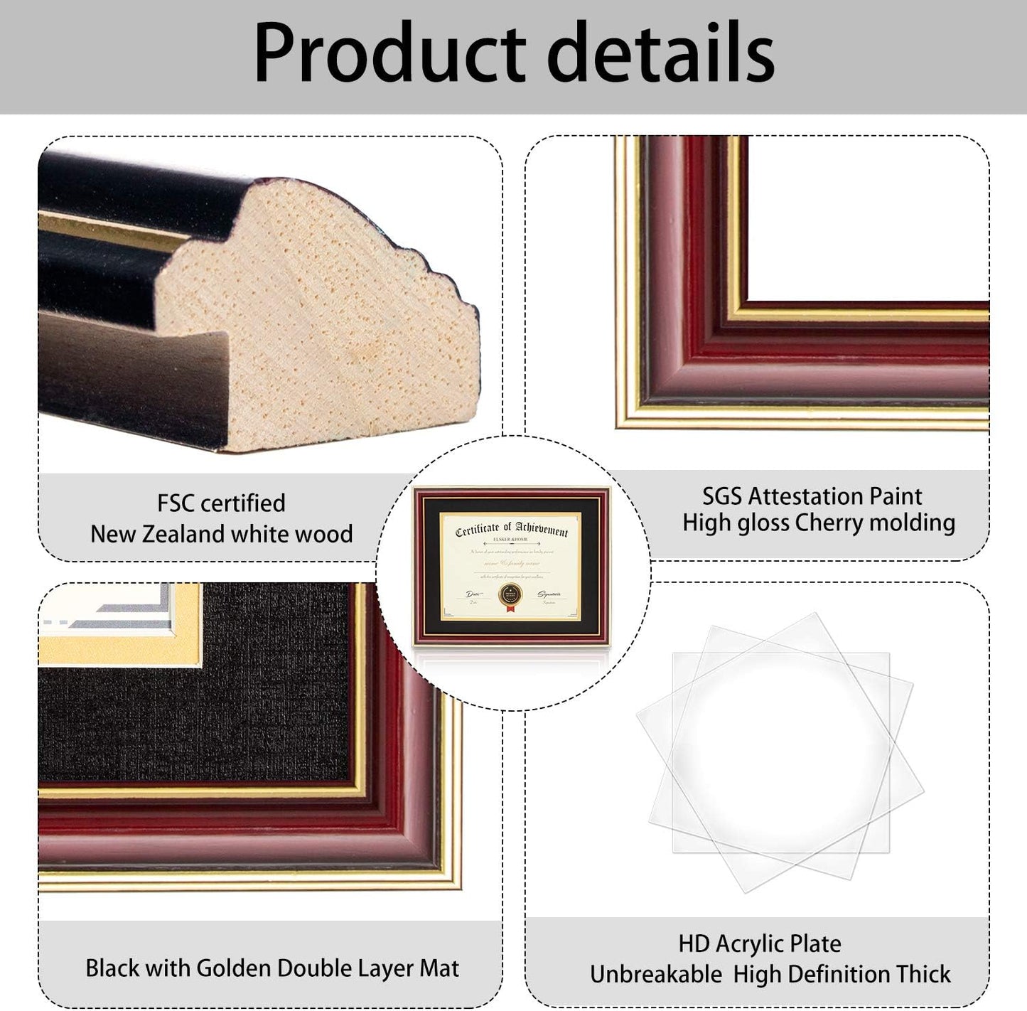 ELSKER&HOME Diploma Frame - Wide Solid Wood Frame - Black Velvet Golden Rim Mat - Semi-Tempered Glass - Includes Hanging Hardware and Desktop Easel(ONLY Display 11×14 Document/Certificate)