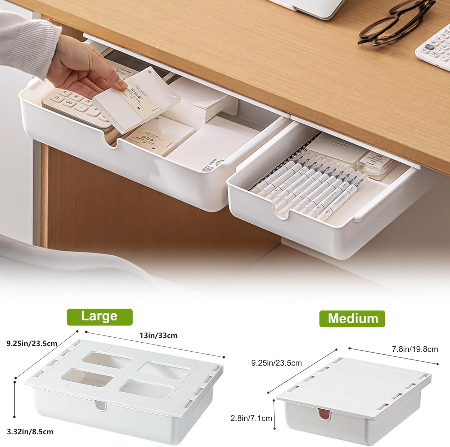 Under Desk Drawer, 2 Pack Large and Medium Hidden Self-Adhesive Under Desk Organisers for Storage of Cutlery, Office Supplies, Stationery and Cosmetics (White-2)