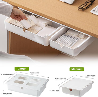 Under Desk Drawer, 2 Pack Large and Medium Hidden Self-Adhesive Under Desk Organisers for Storage of Cutlery, Office Supplies, Stationery and Cosmetics (White-2)