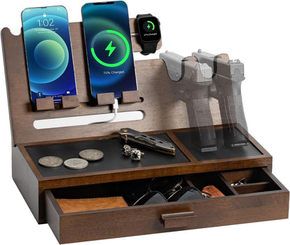 DGWJSU Phone Docking Station as Gifts for Men, Wood Pistol Rack As Nightstand Organizer for Gun Safe, Phone Charging Station as Gifts for Him Boyfriend Husband Father in Anniversary Birthday Christmas