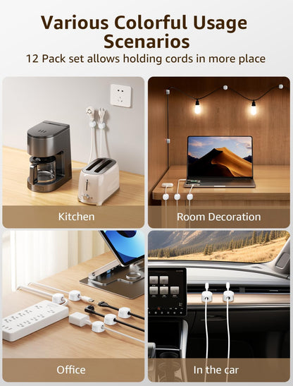 12 Pack Magnetic Cable Clips – [One-Snap Lock] Phone Cord Holder for Desk, Adhesive Magnetic Cord Organiser for Nightstand, Wall, Car – Under Desk Cable Management for Office, Home